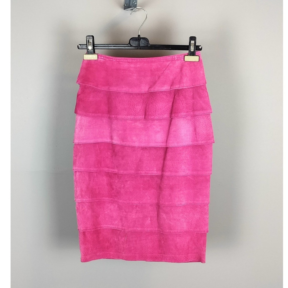 Danier‎ Suede Pencil Skirt Women 6 Pink Genuine Leather Midi Ruffled Tiers